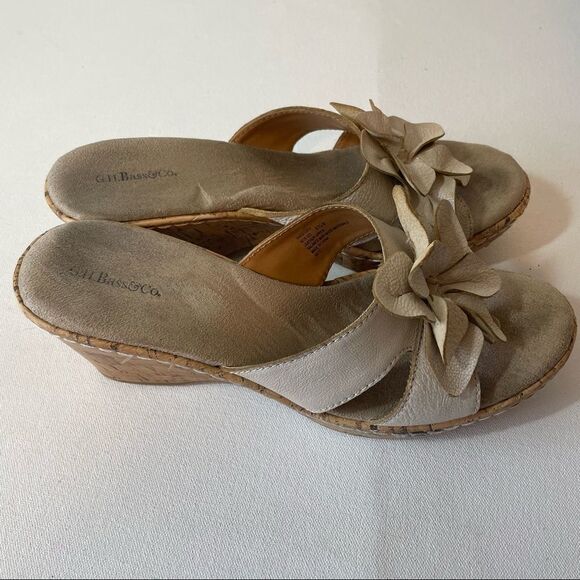 G.H. Bass Women's Ivory Leather Flower Bass wedge Luca Sandals 8.5 - Picture 5 of 11